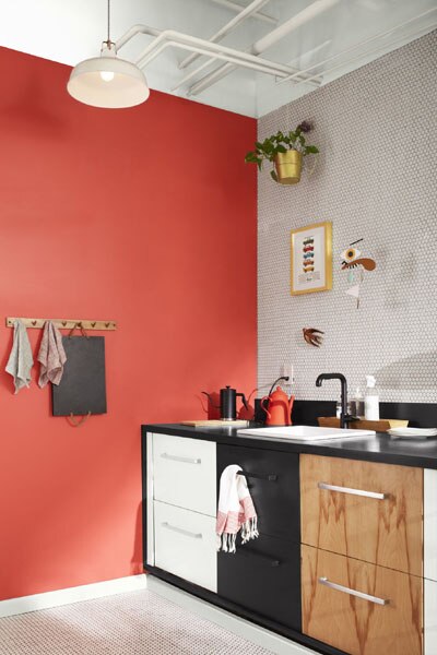 A contemporary kitchen with black, white and wooden cabinet door fronts, exposed pipework to the ceiling and hexagonal mosaic wall tiles.  The wall is painted in Raspberry Blush 2008-30.